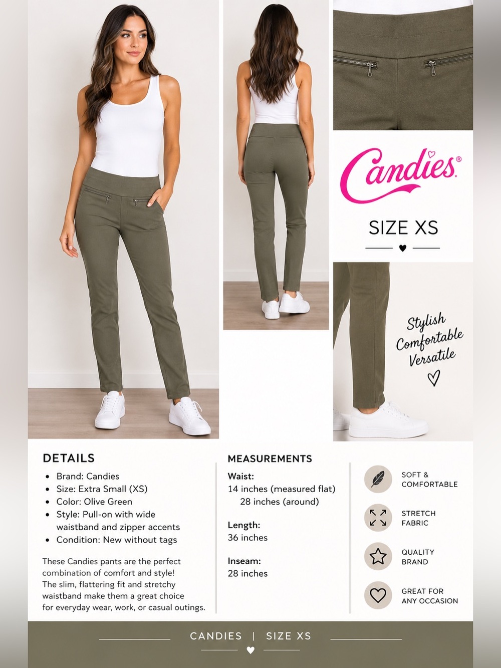 Candies Women’s Olive Green Pants Size XS Stretch Slim Fit Zipper Pockets